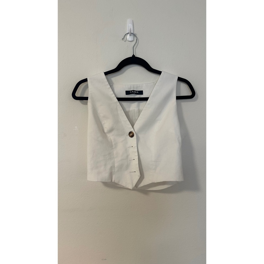 CAARA Y2K White V-Neck Cropped Button Front Linen Blend Vest Top Size M